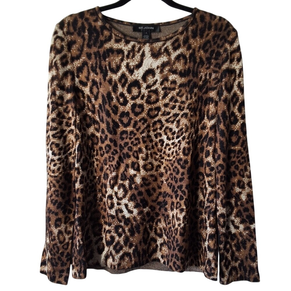 St. John Women's Medium Leopard Sweater Wool Blend Knit Holiday Mature Old Money
